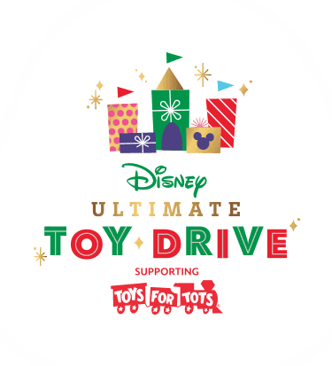Stacks of vibrant Disney-themed gifts in front of an enchanting castle backdrop, with a festive message: Join the Disney Ultimate Toy Drive to help Toys for Tots spread magic this holiday season.