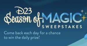 D23 Season of Magic Sweepstakes banner featuring festive Disney graphics, encouraging Disney fans to enter daily for a chance to win magical new prizes each day through December 23.