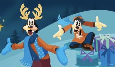 Goofy and Max, bundled up in festive winter outfits, joyfully pose with holiday gifts against a snowy night backdrop, capturing the magic of December 23's Daily Prize celebration at Disney Parks.