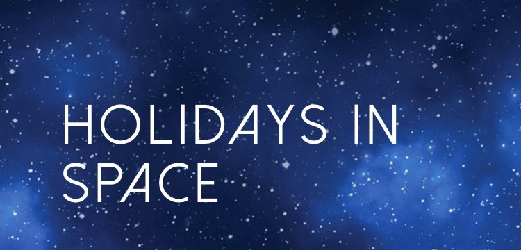 Bold white letters spell out "HOLIDAYS IN SPACE" against a dazzling dark blue, star-filled background, evoking the festive thrill of Holidays In Space at Kennedy Space Center Visitor Complex.