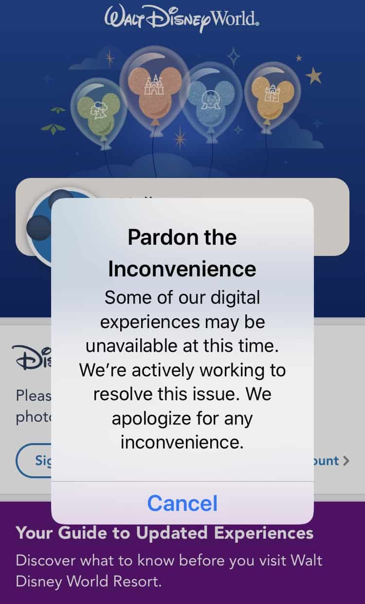 The My Disney Experience app screen shows a pop-up alert to guests, letting them know that digital services at Walt Disney World are temporarily unavailable.
