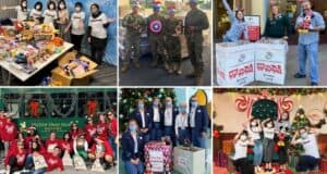 Collage of guests and cast members at Disney parks gathering toys and dressed in festive holiday costumes for a seasonal toy drive, set against iconic park landmarks and attractions.