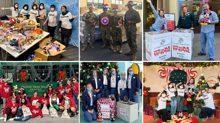 Collage of guests and cast members at Disney parks gathering toys and dressed in festive holiday costumes for a seasonal toy drive, set against iconic park landmarks and attractions.