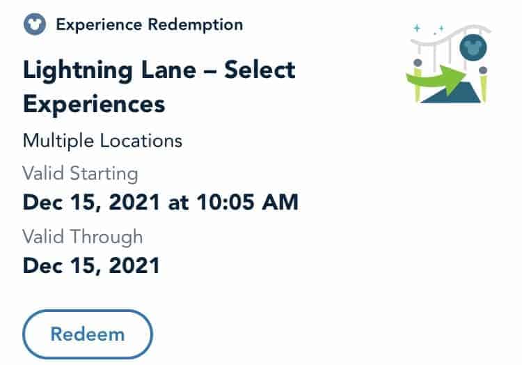 Lightning Lane ticket for Select Experiences at Disneyland, California, valid on December 15, 2021, featuring the Disney Genie+ redeem button.