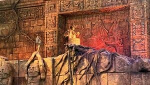 A gleaming golden idol stands atop a pedestal in front of an ancient-looking, vine-draped stone wall adorned with intricate carvings—an immersive scene that feels straight out of an Indiana Jones Adventure attraction at a Disney park, capturing the thrilling spirit found in 2021 Disney movie settings.