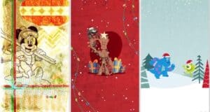 Three vibrant holiday posters showcase Disney magic: Mickey Mouse enjoying snowy fun on Main Street, Groot bringing holiday cheer to Avengers Campus, and Monsters, Inc. characters celebrating winter in Monstropolis—all capturing the festive spirit of Disney Parks.
