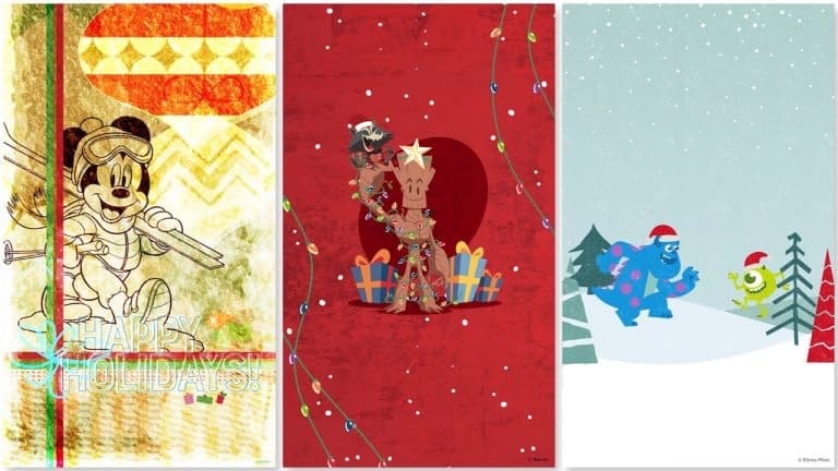 Three vibrant holiday posters showcase Disney magic: Mickey Mouse enjoying snowy fun on Main Street, Groot bringing holiday cheer to Avengers Campus, and Monsters, Inc. characters celebrating winter in Monstropolis—all capturing the festive spirit of Disney Parks.