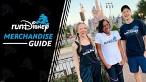 Runners decked out in runDisney gear pose, all smiles, in front of Cinderella Castle on their January visit to Walt Disney World; to the left, "runDisney Merchandise Guide" introduces a can't-miss experience for Disney fans.