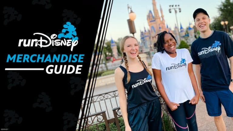 Runners decked out in runDisney gear pose, all smiles, in front of Cinderella Castle on their January visit to Walt Disney World; to the left, "runDisney Merchandise Guide" introduces a can't-miss experience for Disney fans.
