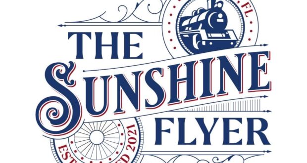 Logo for The Sunshine Flyer featuring a vintage locomotive and the text: Orlando, FL, Established 2021—a whimsical tribute to classic railway adventures. This logo reflects the enchanting spirit of theme park travel by offering Disney World guests a stylish and budget-friendly transportation solution that adds to the magic of their visit.