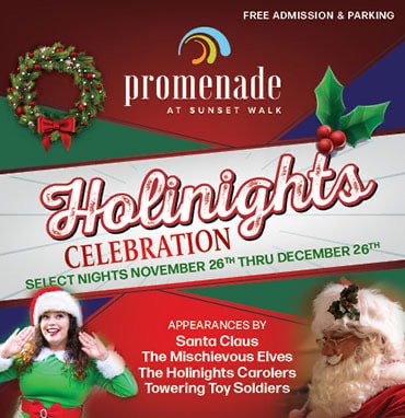 Holinights Celebration poster at Promenade at Sunset Walk showcases Santa and his elves surrounded by festive holly, highlighting special event dates from November 26 to December 26 for visitors seeking holiday entertainment and activities.