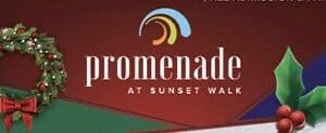 The Promenade at Sunset Walk holiday logo features a festive wreath and holly surrounding the iconic sunset graphic, all set against vibrant red and green—capturing the lively spirit of this entertainment destination.
