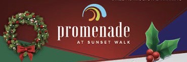 The Promenade at Sunset Walk holiday logo features a festive wreath and holly surrounding the iconic sunset graphic, all set against vibrant red and green—capturing the lively spirit of this entertainment destination.