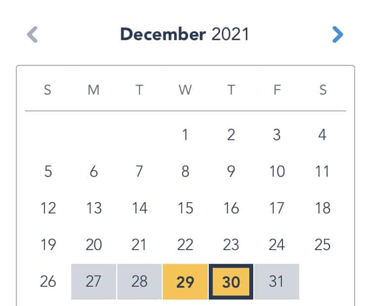 December 2021 calendar featuring the 29th and 30th highlighted in vibrant yellow and outlined, making it easy for Disney World fans to track Theme Park Availability as you get ready for the excitement of New Year’s Eve in the parks.