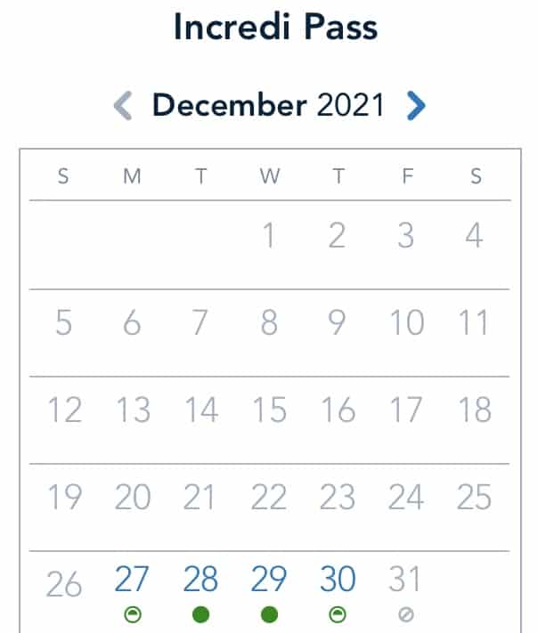 December 2021 calendar featuring green circles on the 27th, 28th, 29th, 30th, and 31st beneath the "Incredi Pass" heading, showcasing available Walt Disney World Theme Park dates for an exciting lead-up to an unforgettable New Year’s Eve celebration.