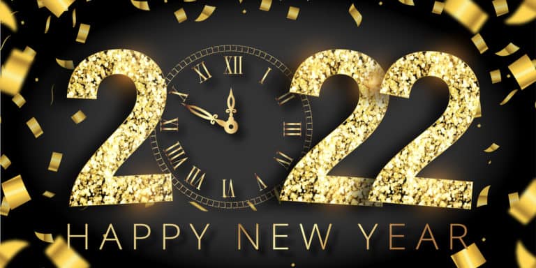 Sparkling gold confetti and a shimmering “2022” sign glimmer above a festive clock, all set against a dramatic black backdrop with bold “Happy New Year” lettering—capturing the excitement and countdown magic of ringing in the new year at your favorite theme park celebration.