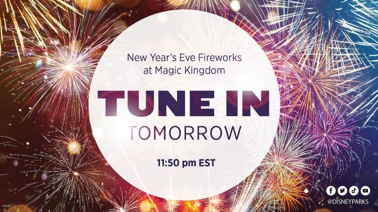 Dazzling fireworks explode behind bold text announcing: "New Year's Eve Fireworks at Magic Kingdom. Watch live tomorrow night at 11:50 pm EST.