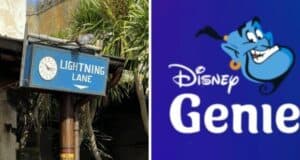 Lightning Lane signage appears alongside the Disney Genie+ logo featuring the iconic blue genie, promoting a special limited-time offering at select Walt Disney World attractions.