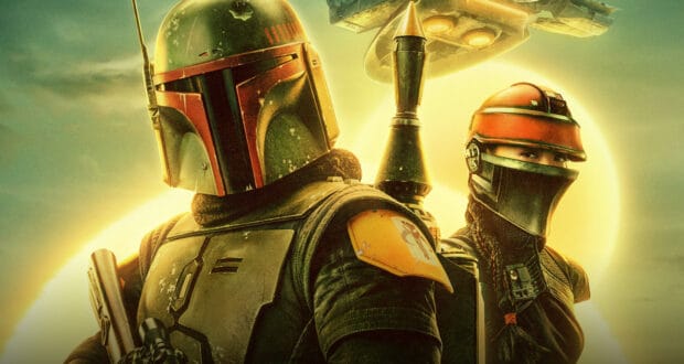 Two costumed Mandalorian characters stand back-to-back in Star Wars: Galaxy’s Edge as the Millennium Falcon soars overhead beneath a vibrant yellow sky.