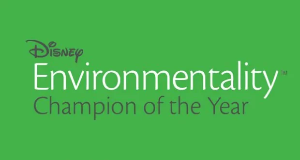 Vibrant green background featuring the words "Disney Environmentality Champion of the Year," highlighting Disney World Cast Members who go above and beyond to promote environmental magic in the parks.