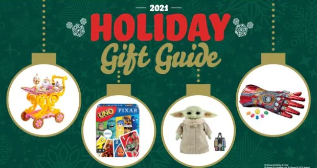 2021 Holiday Gift Guide featuring images of must-have Disney-themed toys: a royal carriage, UNO game deck, Baby Yoda figure, and an Iron Man glove—magical Christmas gift ideas sure to delight any Disney Parks fan or Marvel enthusiast.
