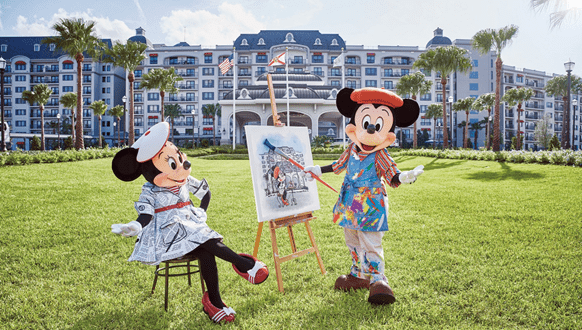 Minnie Mouse strikes a charming pose on a stylish chair while Mickey Mouse paints her portrait on canvas, set against the backdrop of a grand Disney Vacation Club resort with swaying palm trees, evoking the enchanting spirit of a Disney getaway.