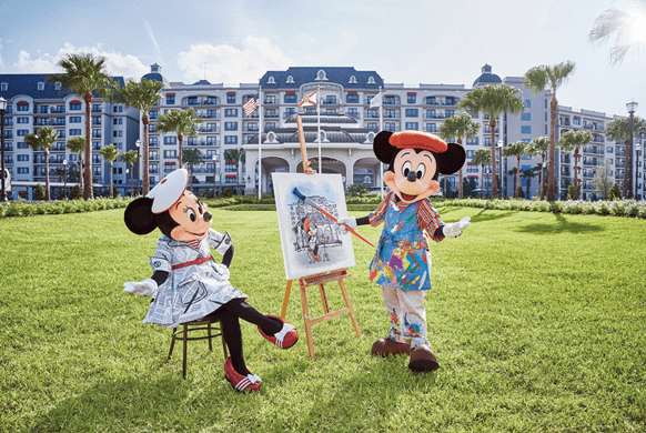 Minnie Mouse strikes a charming pose on a stylish chair while Mickey Mouse paints her portrait on canvas, set against the backdrop of a grand Disney Vacation Club resort with swaying palm trees, evoking the enchanting spirit of a Disney getaway.
