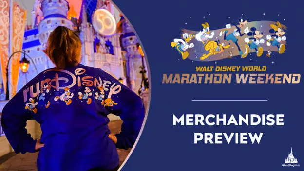 RunDisney fan in front of Cinderella Castle sporting event gear, with Disney Marathon Weekend signage and a sneak peek at 2022 marathon merchandise.