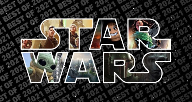 STAR WARS logo filled with iconic characters, set against a black background with "BEST OF 2021" highlighting a year of unforgettable galactic adventures, reminiscent of Star Wars attractions and experiences at leading theme parks.