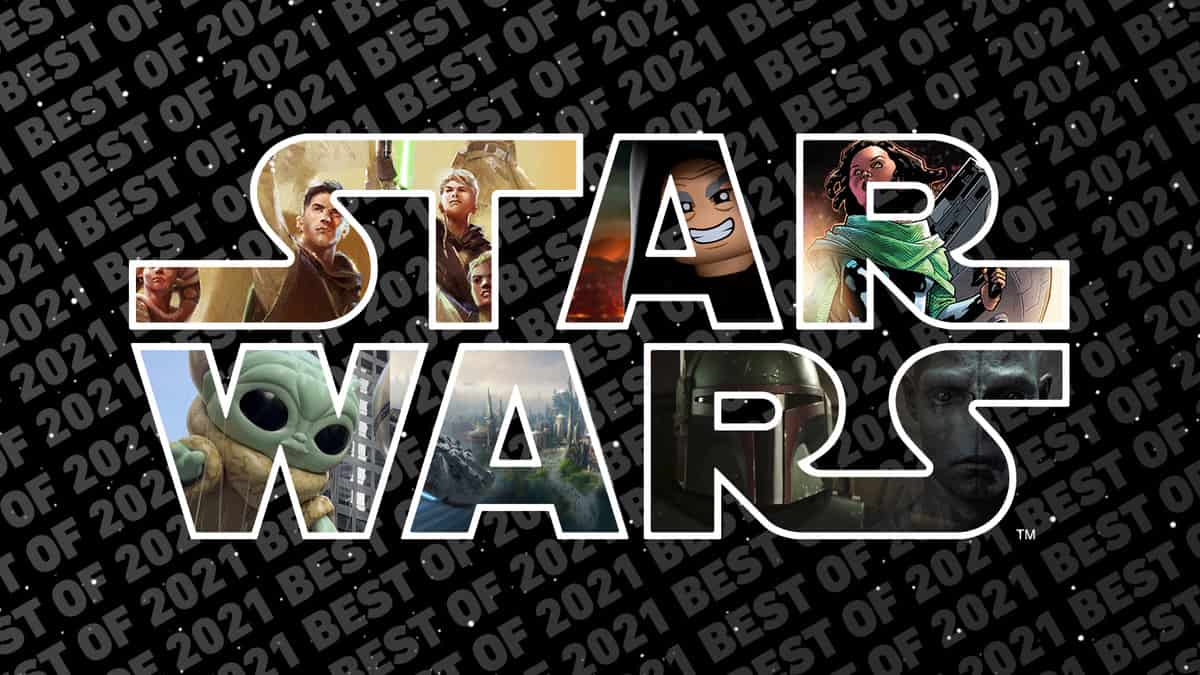 STAR WARS logo filled with iconic characters, set against a black background with "BEST OF 2021" highlighting a year of unforgettable galactic adventures, reminiscent of Star Wars attractions and experiences at leading theme parks.