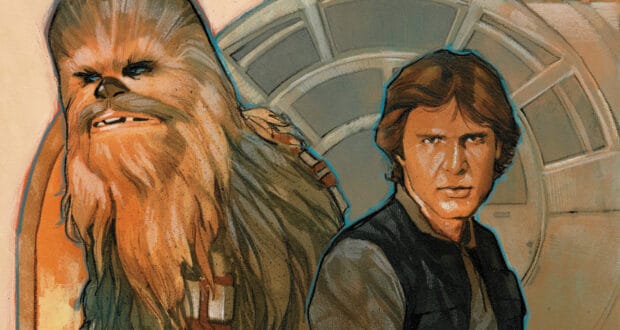 Chewbacca and Han Solo greet guests inside the Millennium Falcon’s iconic circular hallway, capturing the adventure of Star Wars: Galaxy’s Edge.