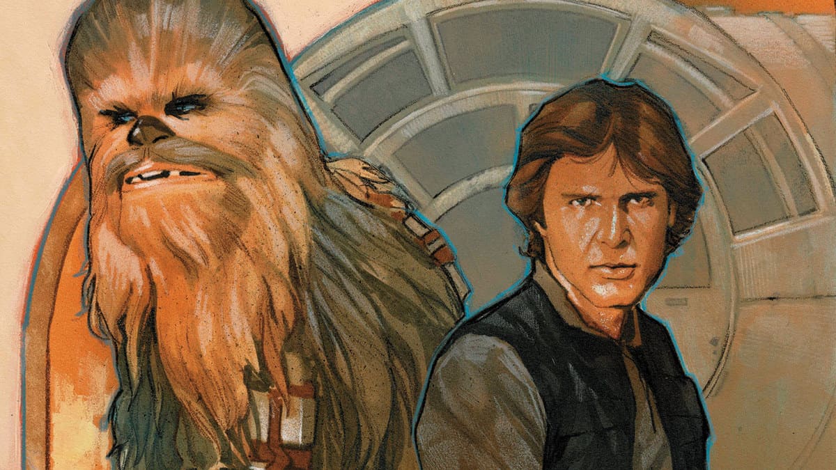 Chewbacca and Han Solo greet guests inside the Millennium Falcon’s iconic circular hallway, capturing the adventure of Star Wars: Galaxy’s Edge.