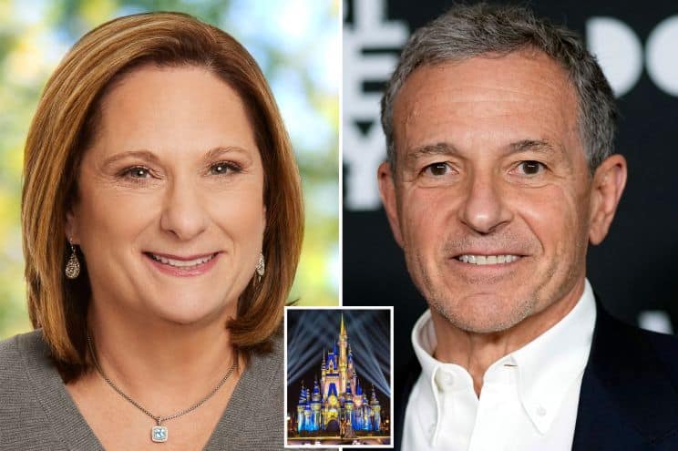 Side-by-side portraits of a woman and a man with the classic Disney castle logo between them, instantly evoking the magic and storytelling of the Walt Disney Company.