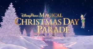 Enchanted snowy trees and Cinderella Castle glow under the night sky as Tinker Bell soars above, announcing the Disney Parks Magical Christmas Day Parade on ABC.
