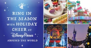 A vibrant collage showcases delectable Disney holiday treats, lively parades, dazzling decorations, and Cinderella Castle illuminated with holiday lights, capturing the festive spirit of Holidays Around the World at Disney Parks.