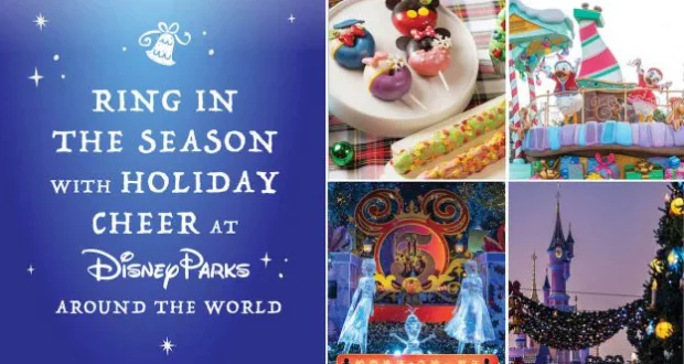 A vibrant collage showcases delectable Disney holiday treats, lively parades, dazzling decorations, and Cinderella Castle illuminated with holiday lights, capturing the festive spirit of Holidays Around the World at Disney Parks.