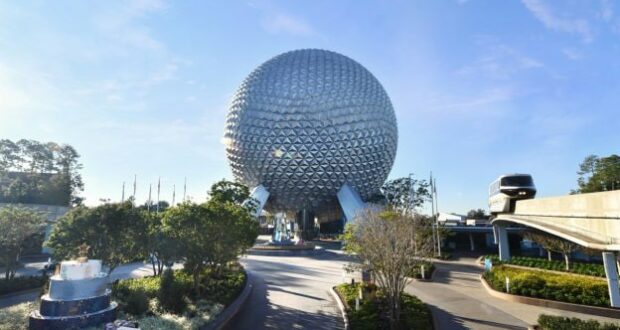 Spaceship Earth stands tall at Epcot as the monorail glides past beneath a clear blue sky, perfectly showcasing the magic and excitement that define Walt Disney World and its unforgettable experiences.