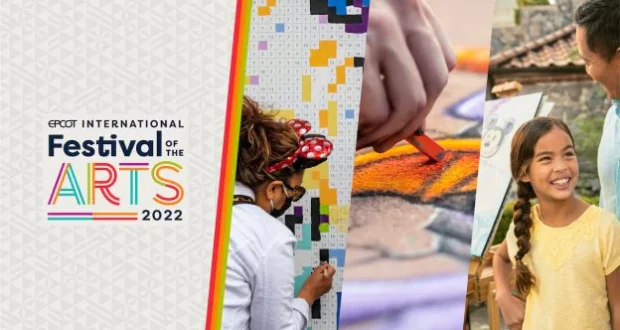 EPCOT International Festival of the Arts 2022 sign welcomes guests, as an artist brings a vibrant mural to life and a young visitor beams with excitement, exploring her creativity at the festival alongside a talented creator.