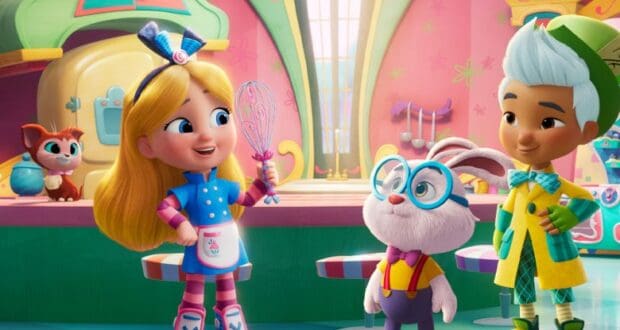 Cheerful animated girl, whisk in hand, stands with a lively rabbit and friendly boy amid a vibrant kitchen scene reminiscent of classic Disneyland entertainment, capturing the whimsical energy of beloved park attractions.