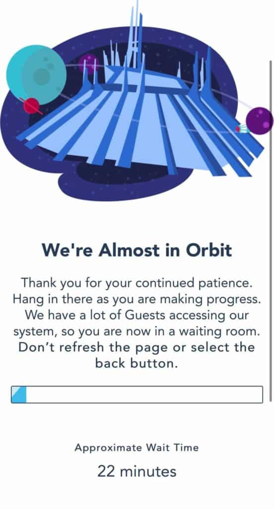 A vibrant digital graphic displays a progress bar, the iconic silhouette of a space station reminiscent of something from EPCOT, and bold text announcing a 22-minute wait time—mirroring the excitement of waiting in line for top Disney attractions or scoring $500 off a magical five-night stay at Walt Disney World.