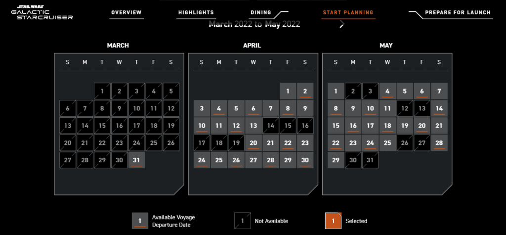 April and May calendars showcase the Star Wars: Galactic Starcruiser voyage schedule, with availability clearly marked so fans can easily spot open dates, sold-out journeys, and their selected adventure at a glance.