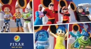 Beloved Pixar favorites like Woody, Buzz Lightyear, and the Incredibles join fans aboard Disney Cruise Line for Pixar Day at Sea, gathering near a vibrant event sign to create magical vacation memories during the 2023 sailing.