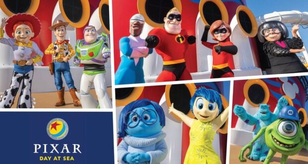 Beloved Pixar favorites like Woody, Buzz Lightyear, and the Incredibles join fans aboard Disney Cruise Line for Pixar Day at Sea, gathering near a vibrant event sign to create magical vacation memories during the 2023 sailing.