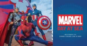 Thor, Captain America, and Spider-Man strike dynamic poses on deck during Marvel Day at Sea aboard Disney Cruise Line, celebrating the much-anticipated return of this fan-favorite event in 2023.