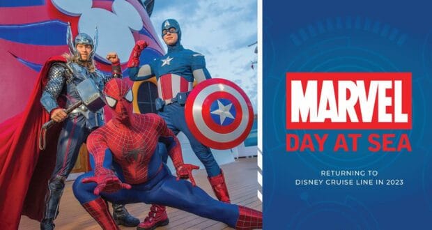 Thor, Captain America, and Spider-Man strike dynamic poses on deck during Marvel Day at Sea aboard Disney Cruise Line, celebrating the much-anticipated return of this fan-favorite event in 2023.