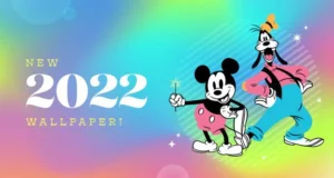 Mickey Mouse and Goofy smile together on a lively, colorful backdrop featuring the message "New 2022 Wallpaper!"—a perfect pick for Disney fans seeking festive New Year or holiday-themed backgrounds inspired by the magic of the parks.