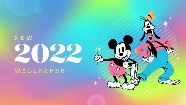 Mickey Mouse and Goofy smile together on a lively, colorful backdrop featuring the message "New 2022 Wallpaper!"—a perfect pick for Disney fans seeking festive New Year or holiday-themed backgrounds inspired by the magic of the parks.