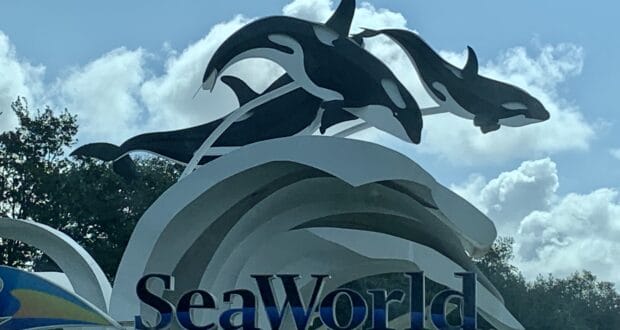 SeaWorld Orlando entrance sign featuring iconic orca sculptures leaping over stylized waves beneath a partly cloudy sky, highlighting free 2022 admission for Florida preschoolers.