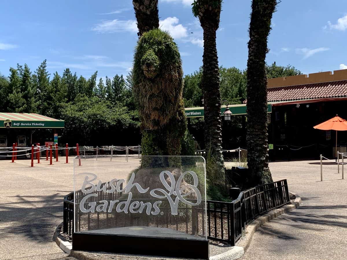 A topiary lion welcomes guests behind the Busch Gardens sign, framed by palm trees under a sunny sky, as the park announces Free Admission for Florida Preschoolers in 2022.