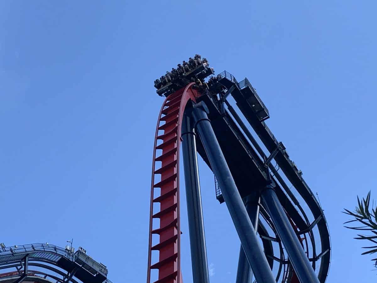 Thrill-seekers, including delighted preschoolers taking advantage of SeaWorld Orlando’s free admission in 2022, reach the summit of Mako’s towering red track, framed by flawless blue skies.